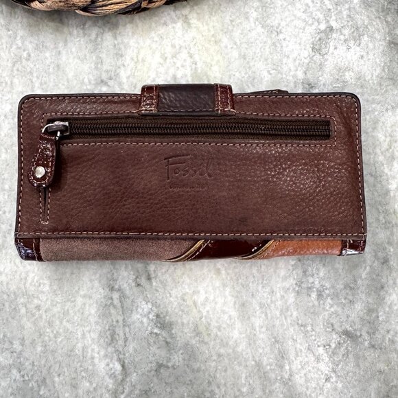 Fossil Brown Retro Boho Diagonal Suede & Leather & Patent Clutch Wallet VGUC - Picture 2 of 14